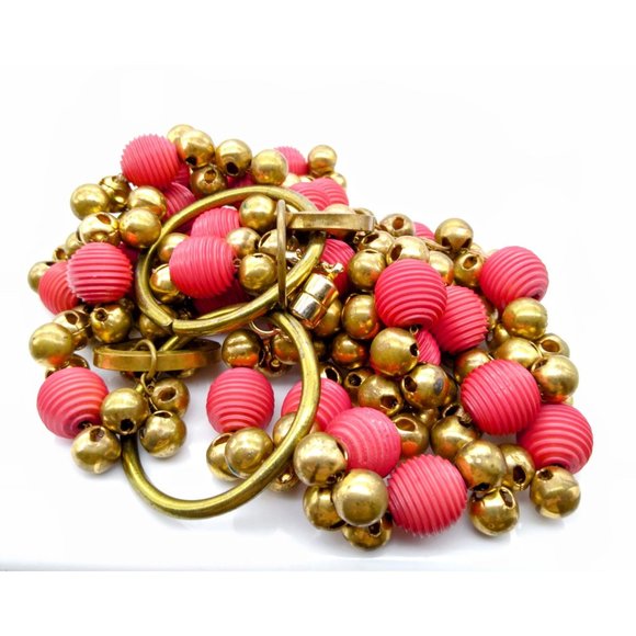 Vintage Dramatic Statement Necklace, Triple Strand Orange and Gold Bib w Brass - Picture 2 of 5